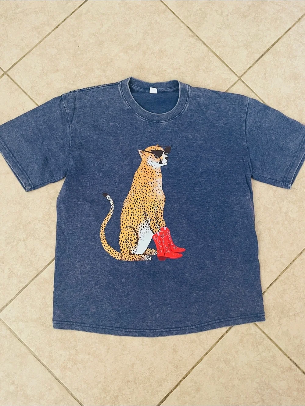 Navy Cat Graphic Tee with Red Boot Accent - Casual Pet Lover Shirt